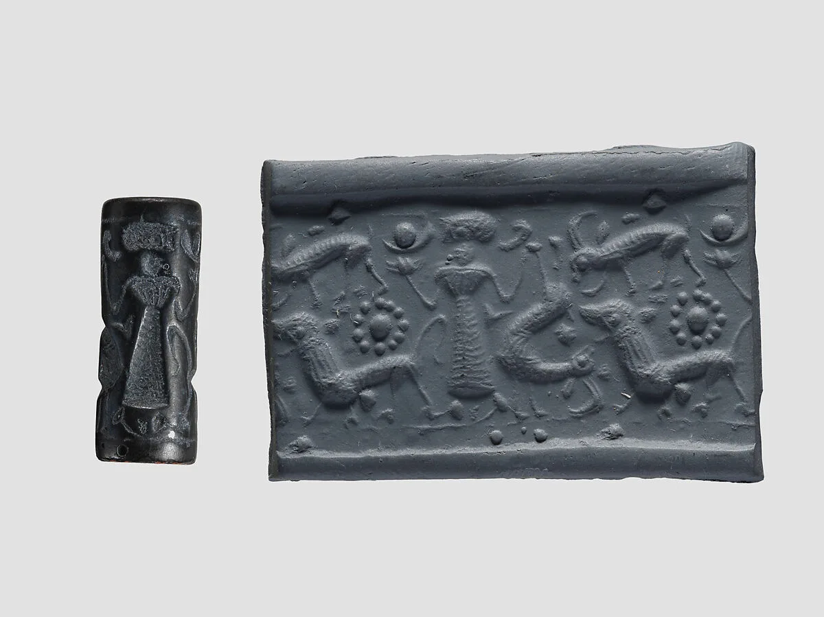 Cylinder seal and modern impression: female figure, ibex, lion — Unknown