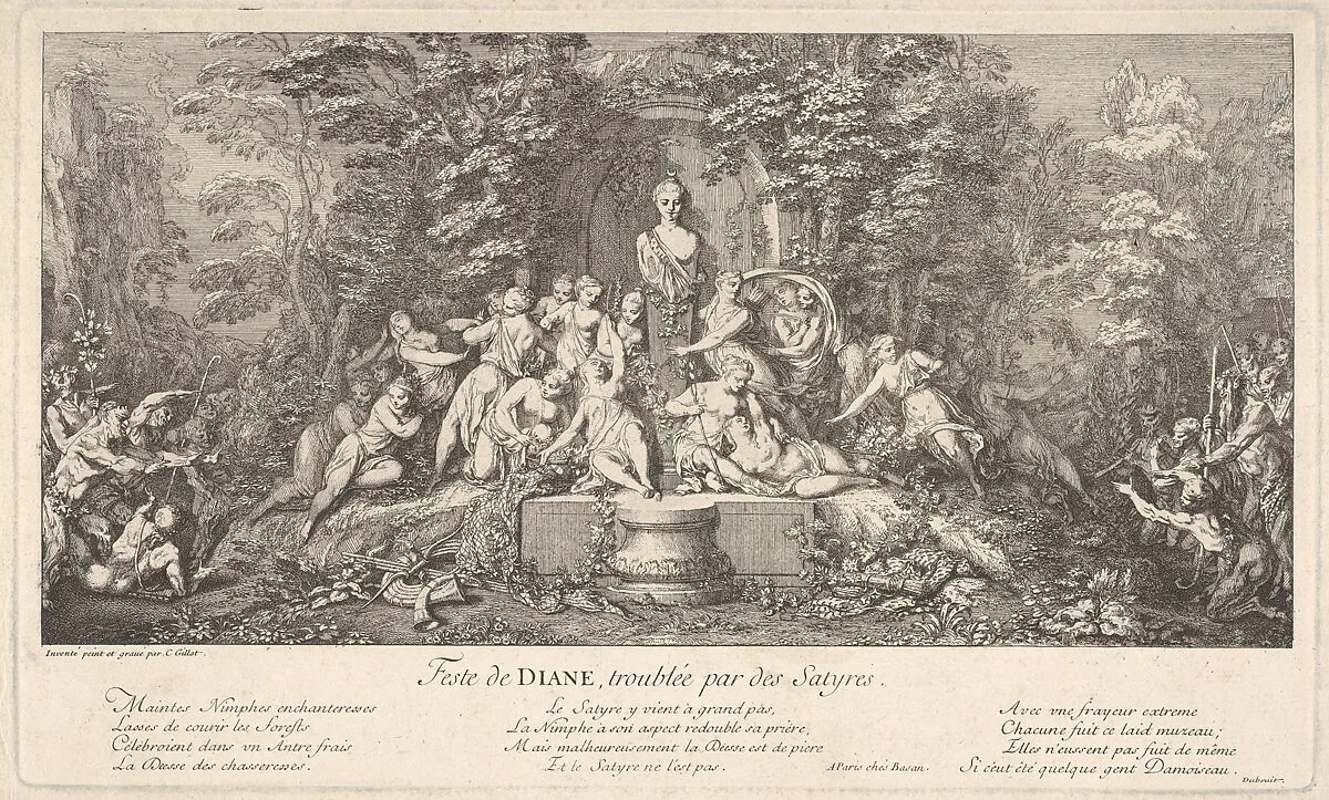 The festival of Diana, interrupted by satyrs (Feste de Diane, troublée par des Satyres): nymphs gathered around the bust of Diana in a stone niche at center, surprised by the arrival of satyrs from either side, from 'Les Bacchanales; Quatres Festes' — Claude Gillot|Pierre François Basan