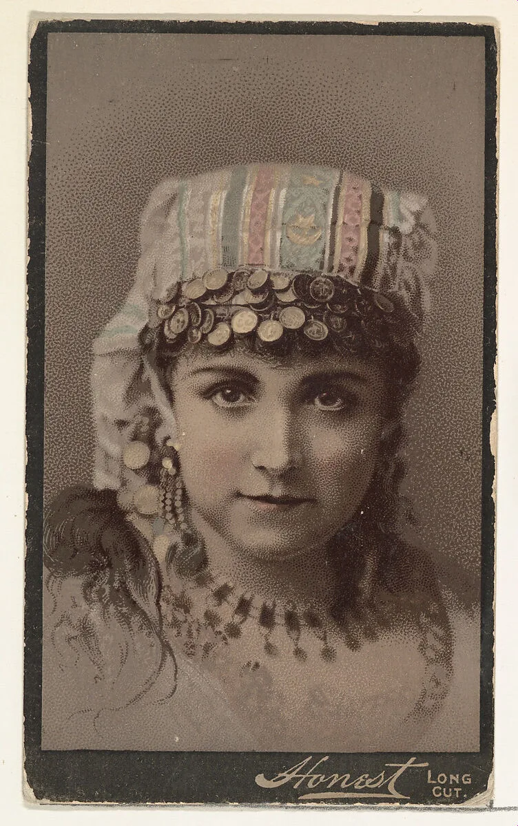 Actress wearing ornate cloth headpiece decorated with dangling coins, from Stars of the Stage, Third Series (N131) issued by Duke Sons & Co. to promote Honest Long Cut Tobacco — Joseph P. Knapp|American Tobacco Company|W. Duke, Sons & Co.