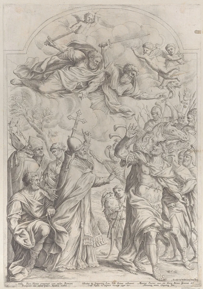 Pope Leo repulses Atilla from the gates of Rome and points to Saints Peter and Paul overhead — Pope Leo I the Great|Giuseppe Maria Mitelli|Alessandro Algardi|Arnold van Westerhout