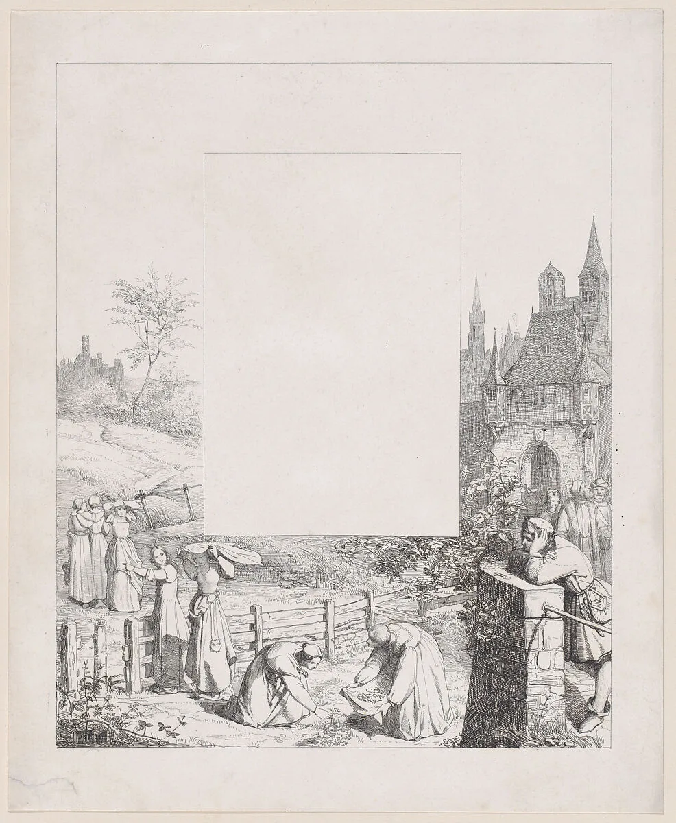 Plate 5: women collecting plants and carrying them over their heads, a male onlooker at right and a castle at right in the background, from "Lieder eines Malers mit Randzeichnungen seiner Freunde" — Eduard Julius Friedrich Bendemann