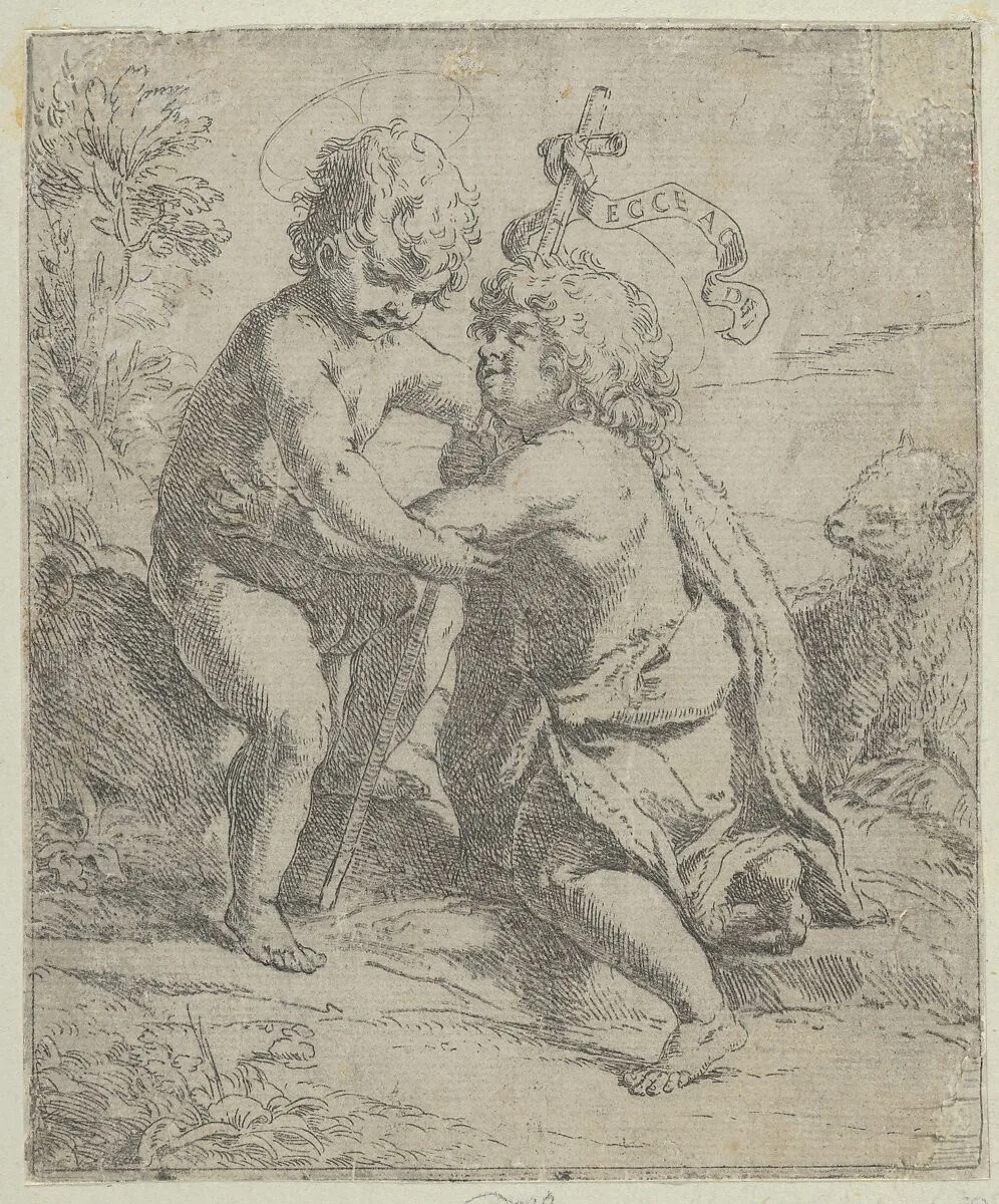 The young Saint John the Baptist kneeling before the young Christ who embraces him, a lamb at right — Guido Reni