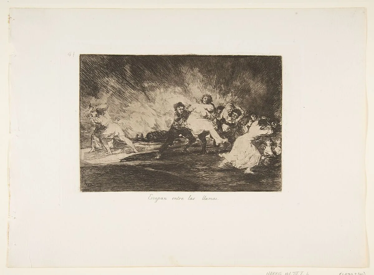 Plate 41 from "The Disasters of War" (Los Desastres de La Guerra): They escape through the flames (Escapan entre las llamas) — Goya (Francisco de Goya y Lucientes)