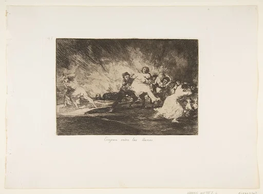 Plate 41 from "The Disasters of War" (Los Desastres de La Guerra): They escape through the flames (Escapan entre las llamas)