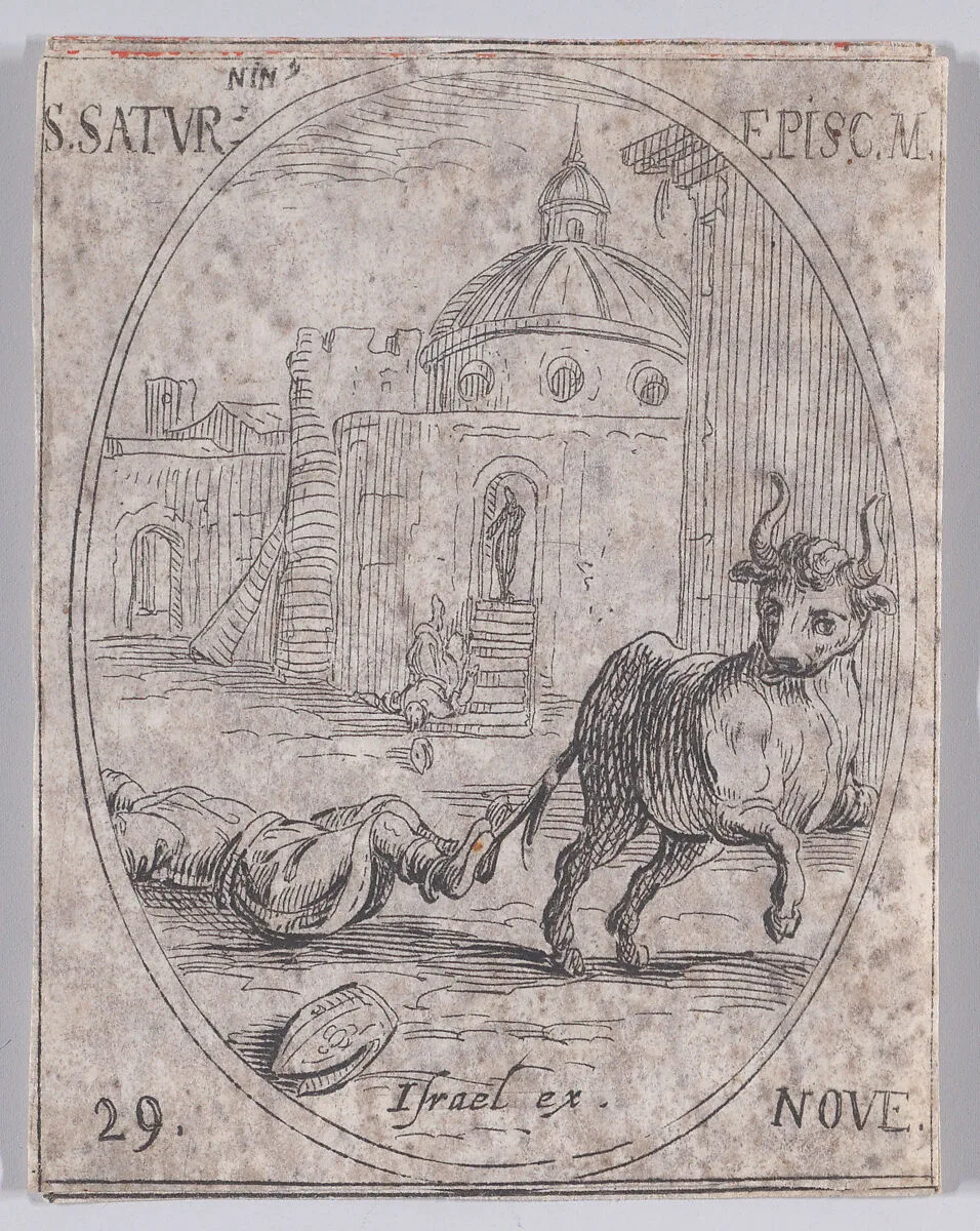 S. Saturnin, évêque (St. Saturnin, Bishop), November 29th, from "Les Images De Tous Les Saincts et Saintes de L'Année" (Images of All of the Saints and Religious Events of the Year) — Jacques Callot|Israël Henriet