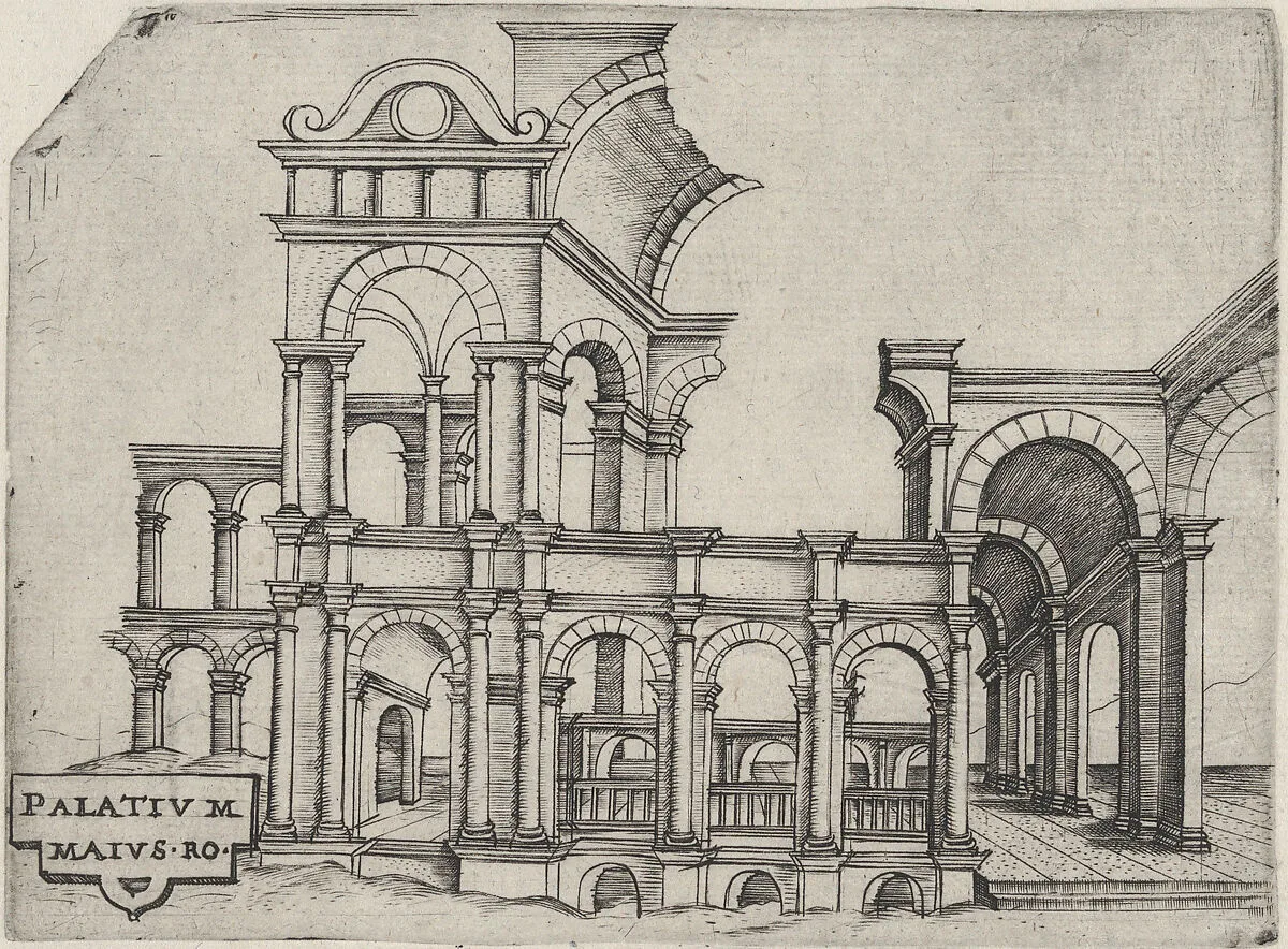 Palatium Maius Ro, from a Series of 24 Depicting (Reconstructed) Buildings from Roman Antiquity — Monogrammist G.A. & the Caltrop|Anonymous, Italian, 16th century