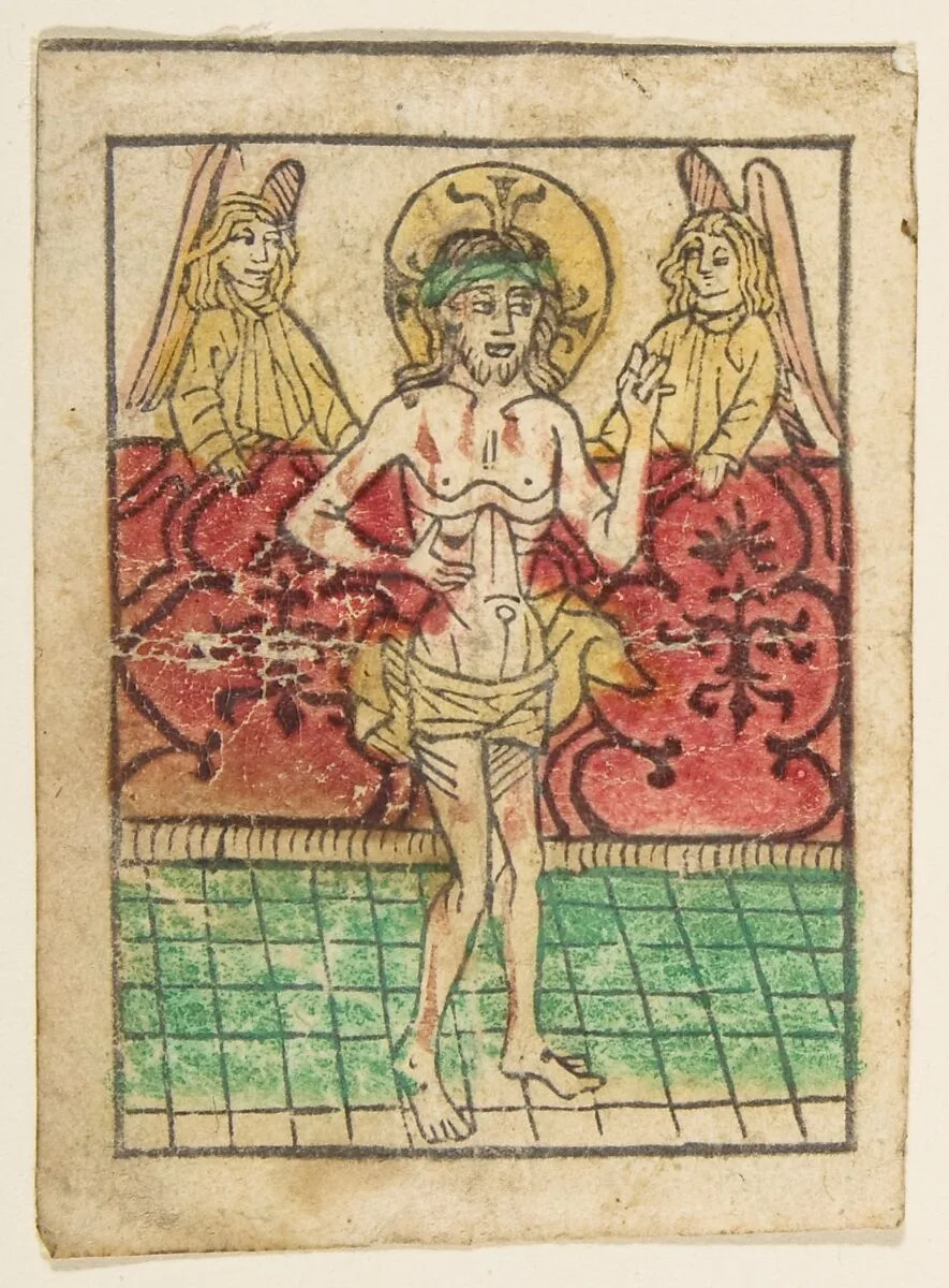 The Man of Sorrows between Two Angels (Schr. 900) — Anonymous, German, 15th century