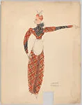 Drawing for a woman's theatrical costume with a plaid dress with black ruffles and white apron and headdress — Vincente Minnelli