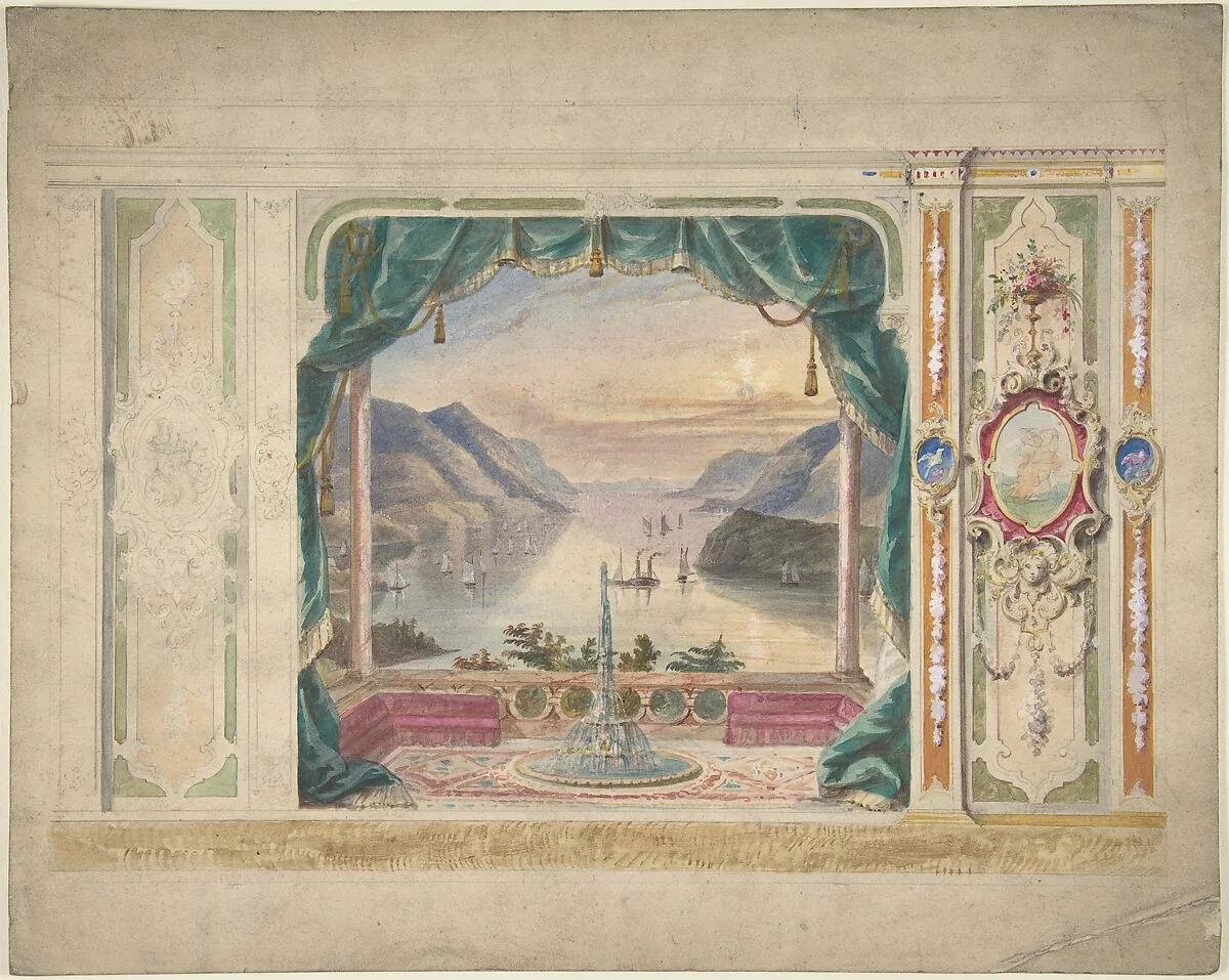 Wall Design with a Trompe l'Oeil Balcony Overlooking a Mountainous Harbor — Anonymous, British, 19th century