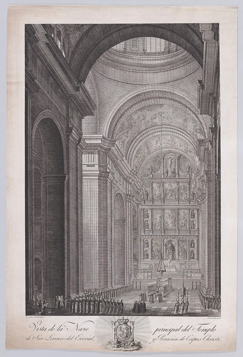 The procession of Corpus Christi in the nave of the Church of the monastery of El Escorial, from a series of Views of El Escorial — José Gómez Navia|Calcografía Real, Madrid|Manuel Alegre