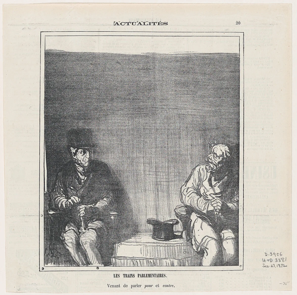 The parliamentary trains: One was for, the other against the government's proposal, from 'News of the day,' published in Le Charivari, January 27, 1872 — Honoré Daumier