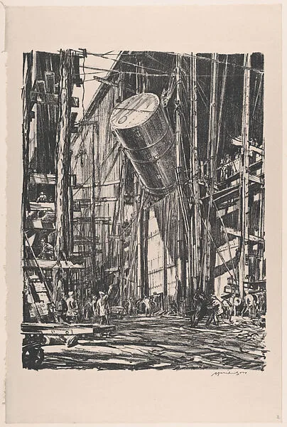 Lifting an Oil Tank into a Train Ferry (On the Clyde, no. 2) — Sir Muirhead Bone