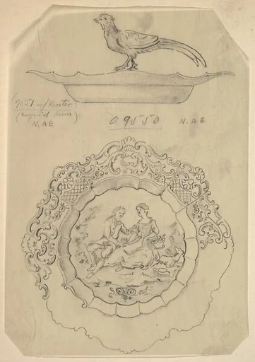 Design for a Covered Silver Dish with Rural Lovers and Pheasant Handle