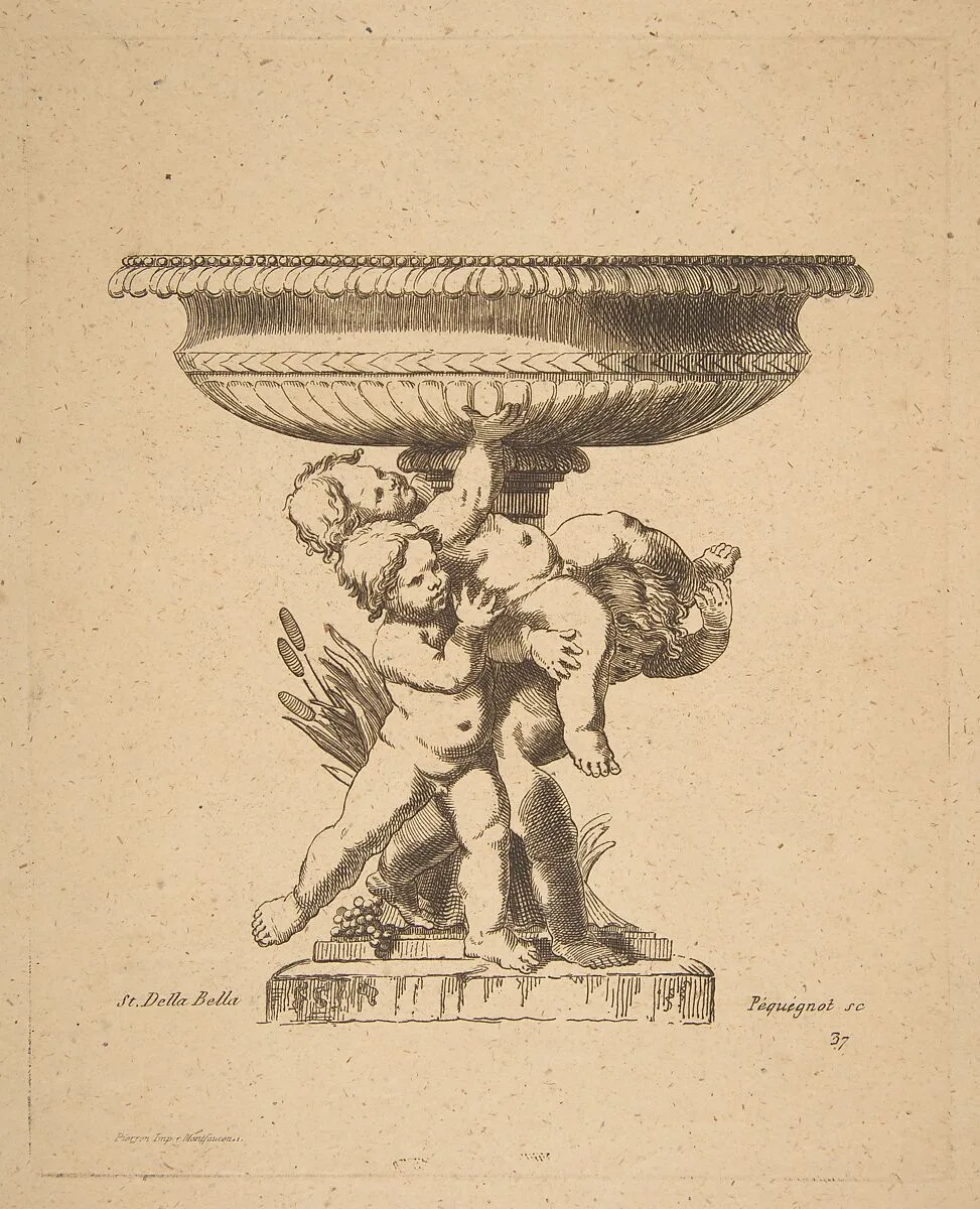 Ornamental design of three children holding up a fountain — Auguste Pequegnot|Stefano della Bella