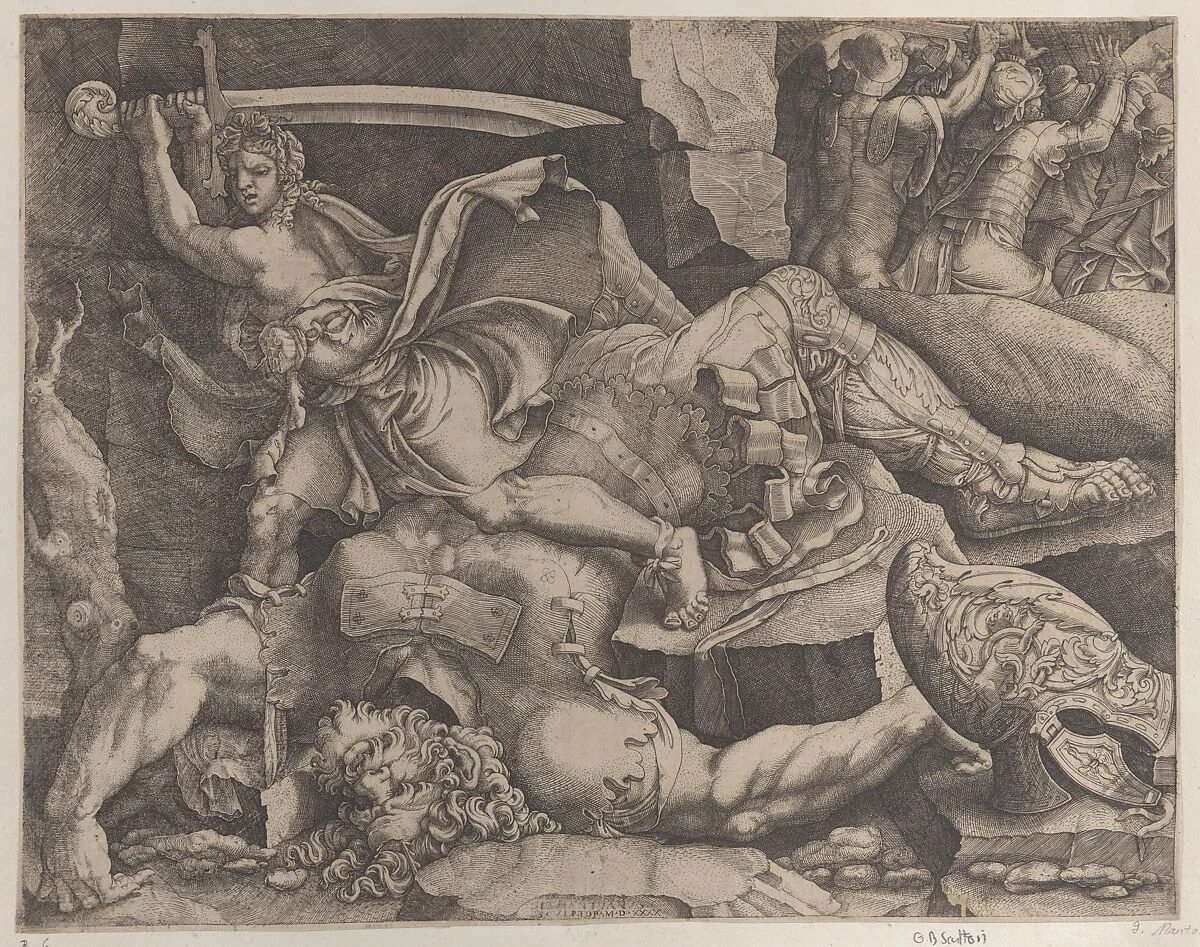 David about to decapitate Goliath — Giovanni Battista Scultori|Giulio Romano
