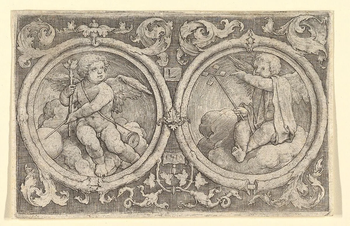 Two Putti Seated in Clouds in Circles with Tendrils — Lucas van Leyden