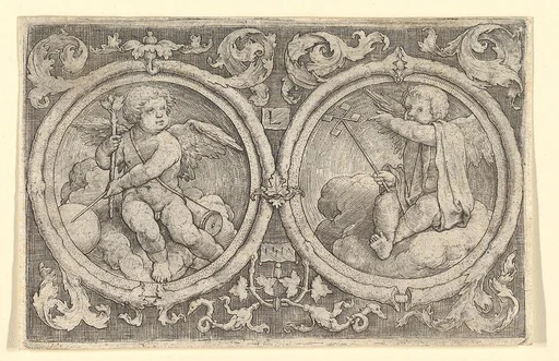 Two Putti Seated in Clouds in Circles with Tendrils