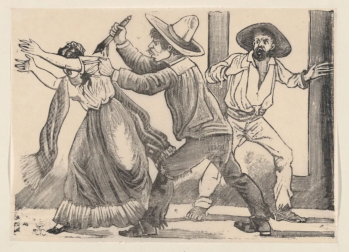 A man grabbing a woman by her sleeve and stabbing her, from a broadside entitled 'The murder of Leandra Martinez by her brother, Manuel' — José Guadalupe Posada