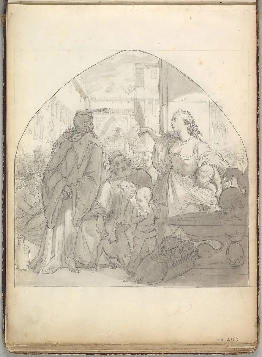 Scene in an Italian City with Figures Near a Fountain (in Sketch Book With Drawings on Twenty-six Leaves) — Frederic, Lord Leighton