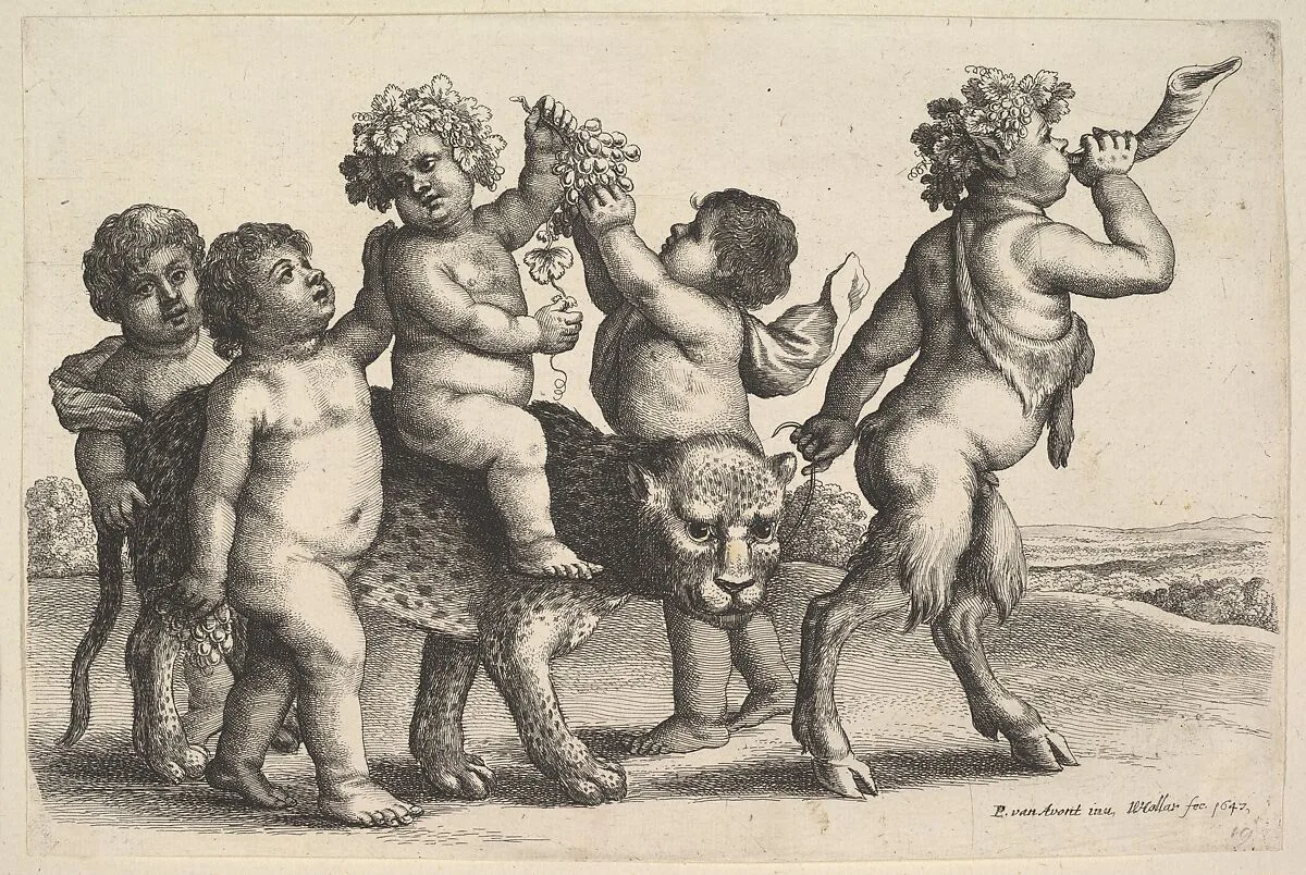 Four boys, a young satyr, and a leopard — Wenceslaus Hollar|Pieter van Avont