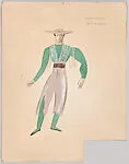 Drawing for a man's theatrical costume with beige pants and mesh shirt over a green leotard — Vincente Minnelli
