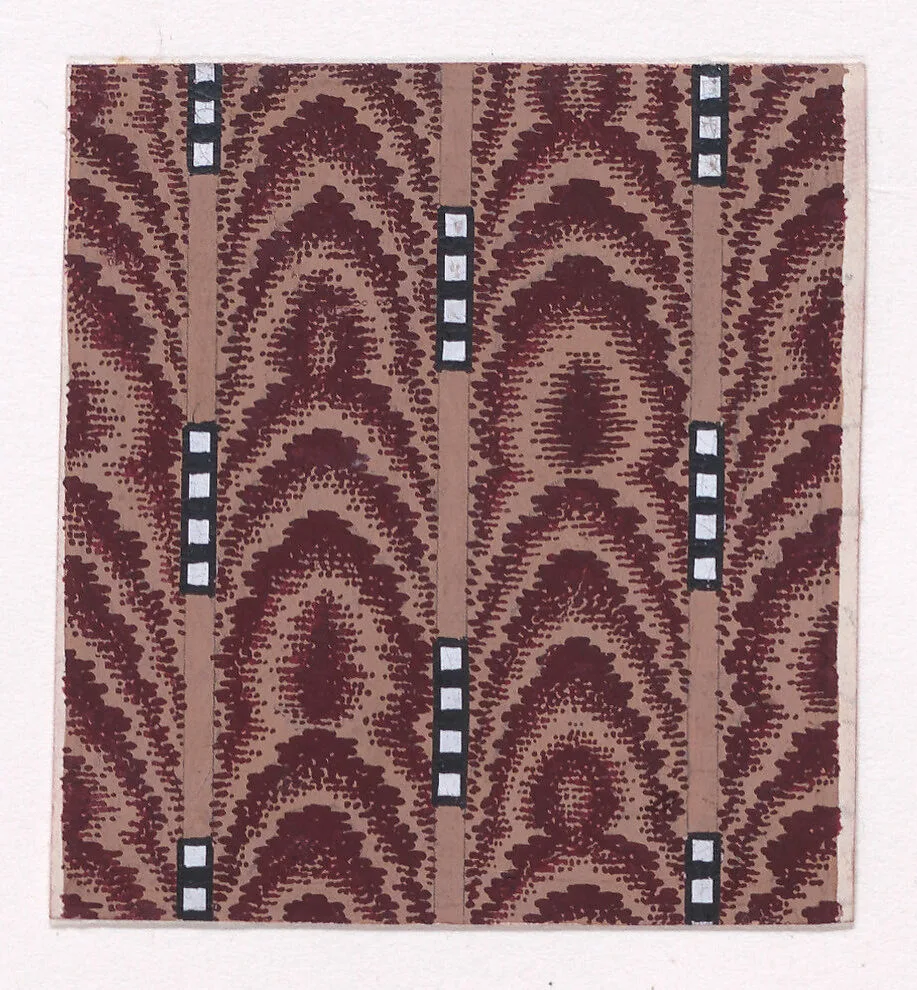 Textile Design of Vertical Stripes of Overlapping Scales Simulating Tie-Dye Framed by Alternating Vertical Strings of Squares — Anonymous, Alsatian, 19th century