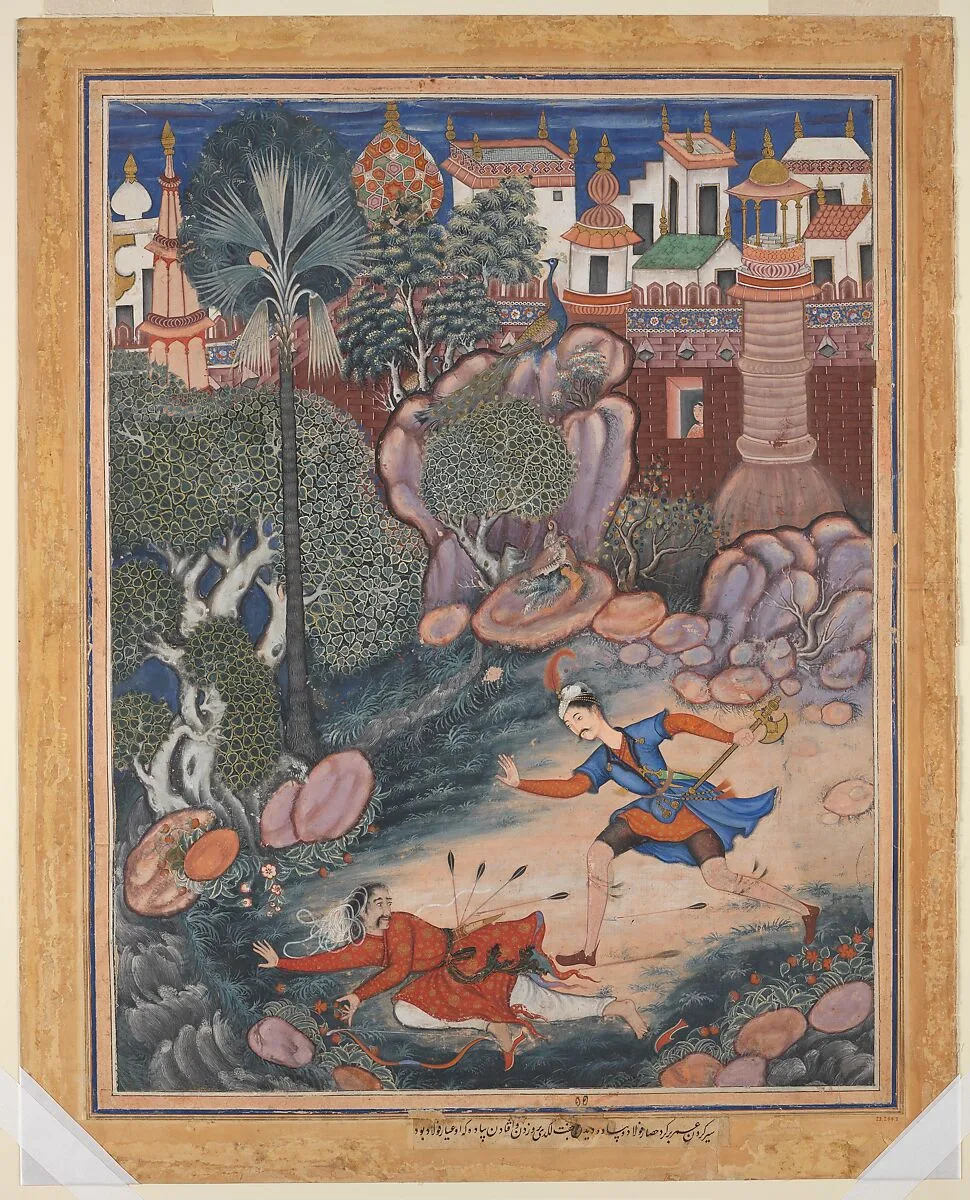 "'Umar Walks around Fulad Castle, Meets a Foot Soldier and Kicks Him to the Ground", Folio from a Hamzanama (The Adventures of Hamza) — Kesav Das|Mah Muhammad
