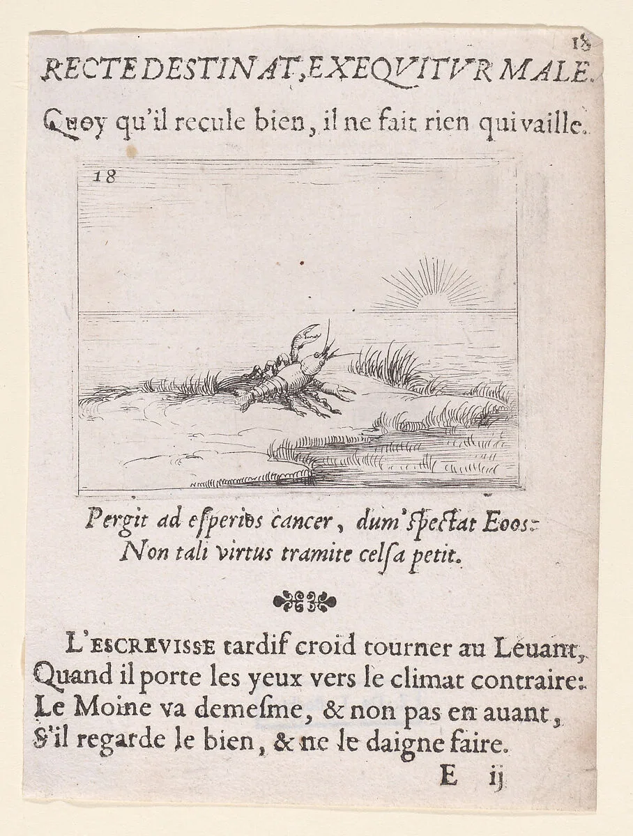 Une Ecrevisse Regardant Le Soleil (A Crayfish Looking at the Sun), from Lux Claustri ou La Lumière du Cloitre (The Light of the Cloisters), plate 18 — Jacques Callot|François Langlois