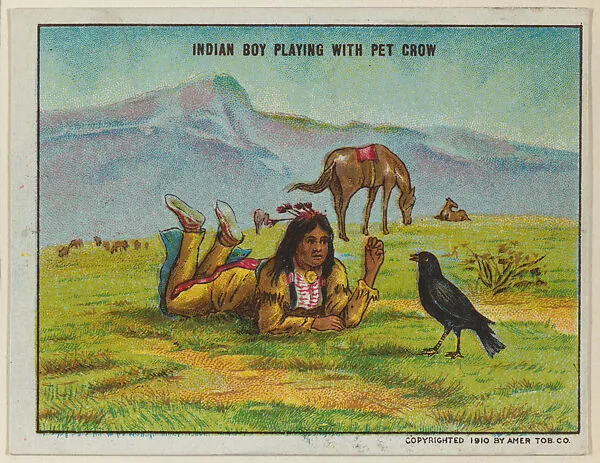 Indian Boy Playing with Pet Crow, from the "Indian Life in the 60's" series (T73), issued with Hassan Cork Tip Cigarettes by the American Tobacco Company — American Tobacco Company