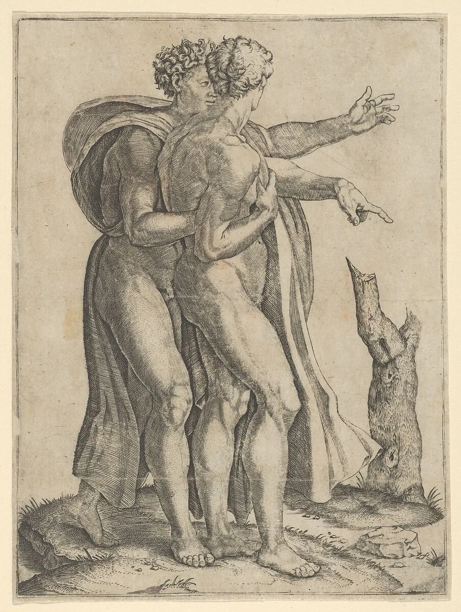 Two naked men, the sons of Noah, standing in profile facing right, both pointing — Michelangelo Buonarroti|Marcantonio Raimondi