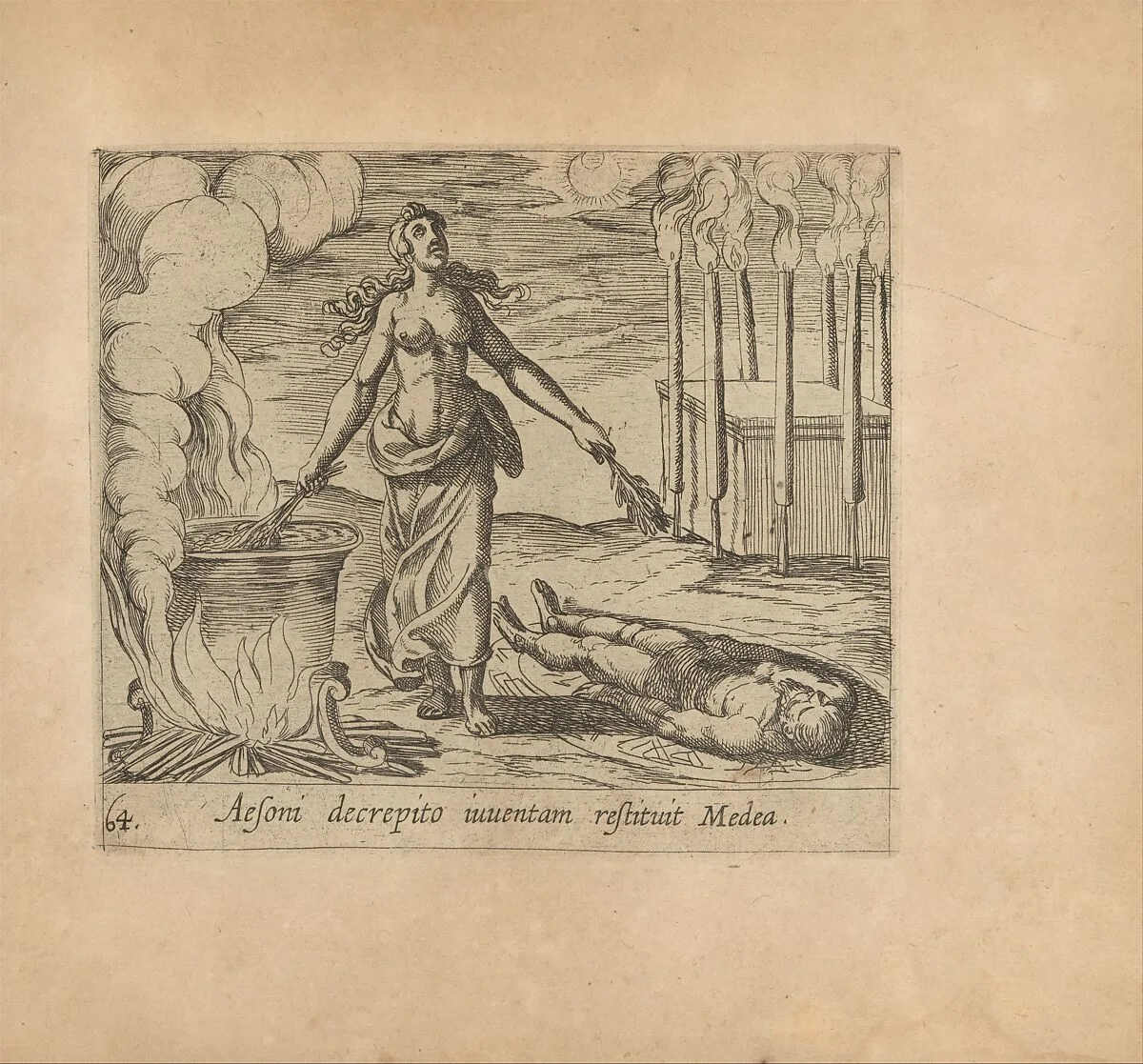 Medea Restoring Aeson's Youth (Aesoni decerptio iuventam restituit Medea), from The Metamorphoses of Ovid (Metamorphosean Sive Transformationum), plate 64 — Willem Jansz.|Antonio Tempesta