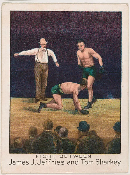 Fight between James J. Jeffries and Tom Sharkey, from the Champion Athlete and Prize Fighter series (T220), issued by Mecca and Tolstoi Cigarettes — Tolstoi Cigarettes|Mecca Cigarettes