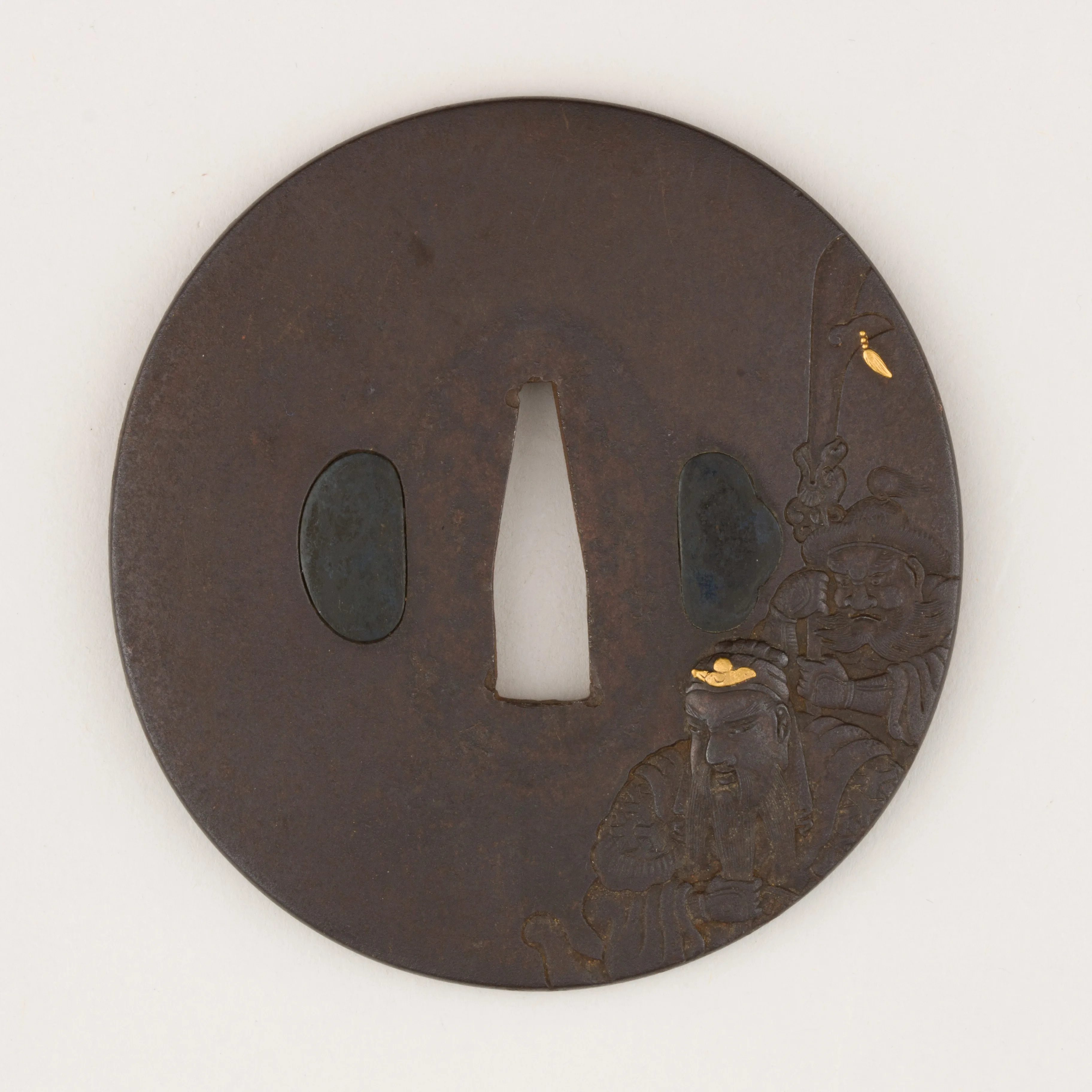 Sword guard (<i>Tsuba</i>) Depicting Zhūgě Liàng and Guān Yǔ (孔明・関羽図鐔) — Unknown