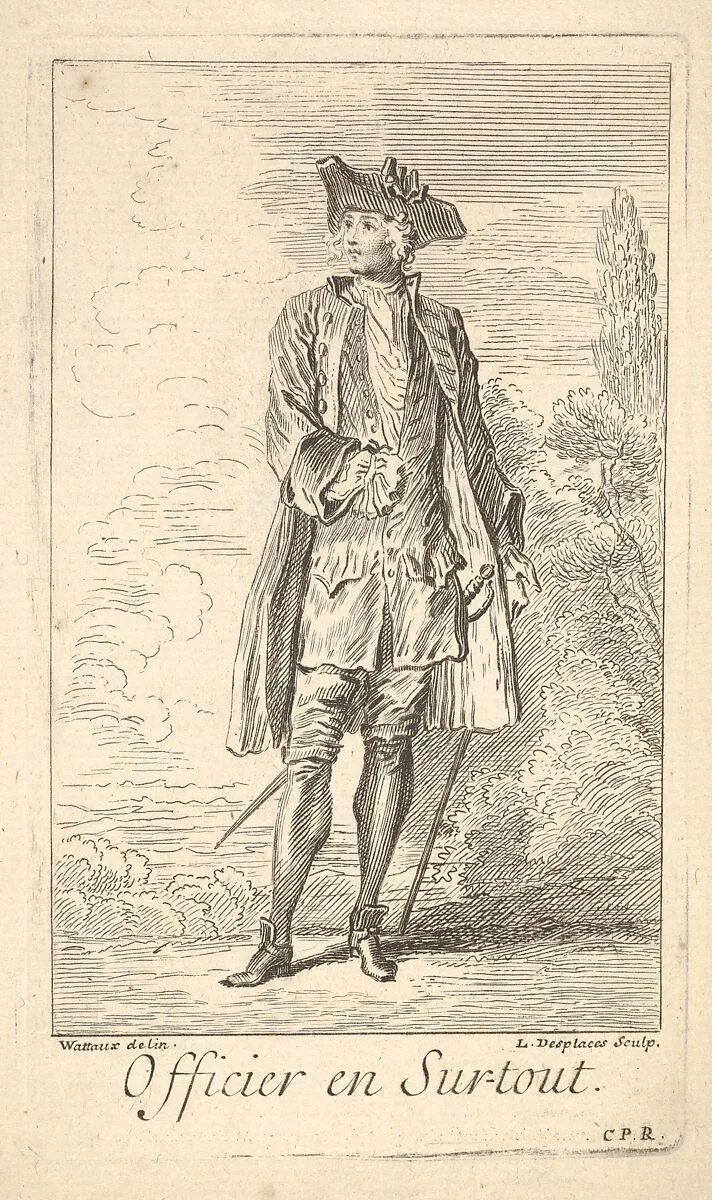 Man in officer's dress, with sword hanging at left hip, shown in frontal view with his head turned toward the left, trees beyond — Antoine Watteau|Louis Desplaces