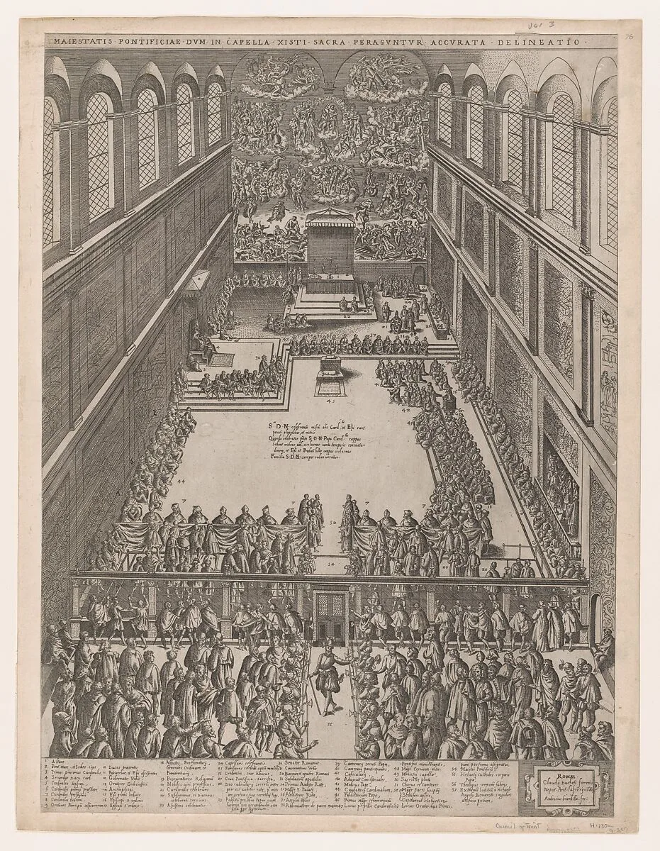 Speculum Romanae Magnificentiae: A Papal Gathering in the Sistine Chapel, Michelangelo's Last Judgement on the back wall; the crowd looks on through a screen — Antonio Lafreri|Giovanni Ambrogio Brambilla