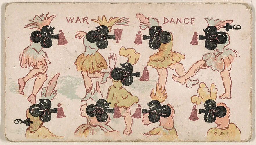 Nine of Clubs, War Dance, from Harlequin Cards, 2nd Series (N220) issued by Kinney Bros. — Kinney Brothers Tobacco Company
