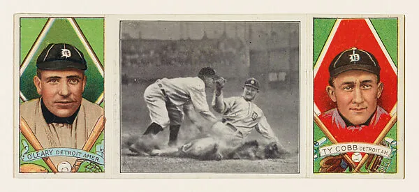 "A Desperate Slide for Third," with Tyrus Cobb and Charles O'Leary, from the series Hassan Triple Folders (T202) — Hassan Cigarettes