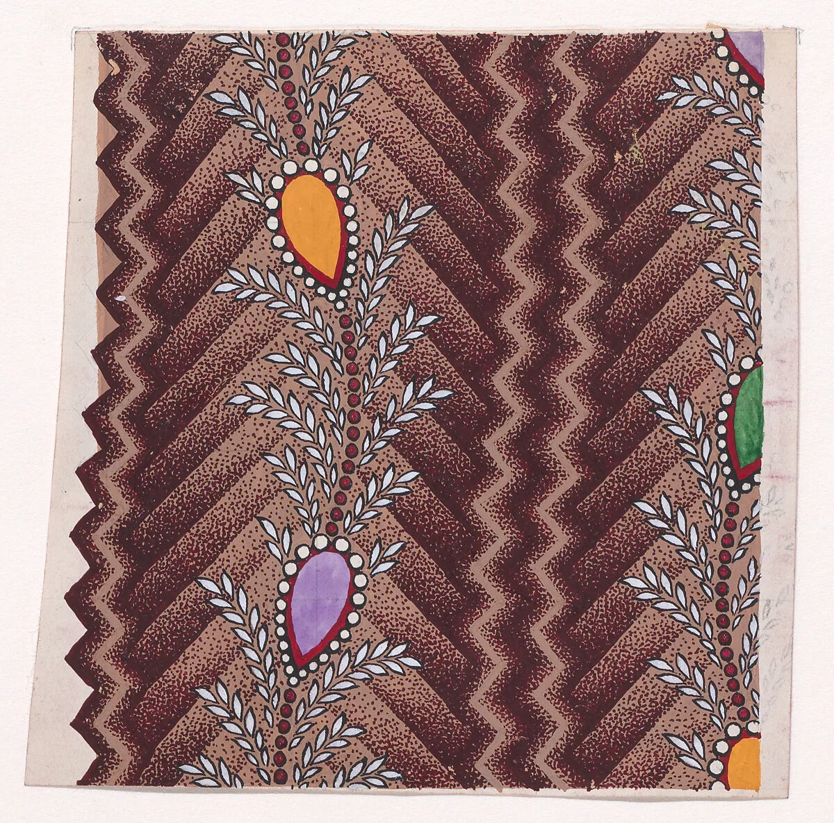 Textile Design with Vertical Undulating Garlands of Pearls and Inverted Teardrops Framed with Pearls with Offsetting Wheat Ears Separated by a Vertical Zig-Zagging Ribbon over a Chevron Background — Anonymous, Alsatian, 19th century