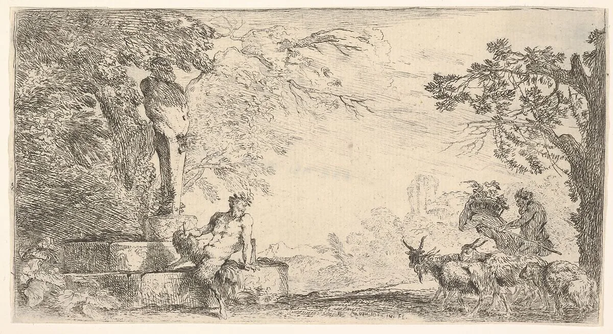 A satyr reclining at the foot of a staute of Priapus, goats at the right — Giovanni Benedetto Castiglione (Il Grechetto)