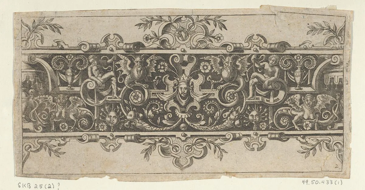 Frieze with Grotesques and a Mask Wearing a Whimple and Crown at Center — Theodor de Bry