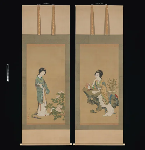 源琦筆 燕姞・楊貴妃図|Yanji with Orchids and Yang Guifei with Peonies