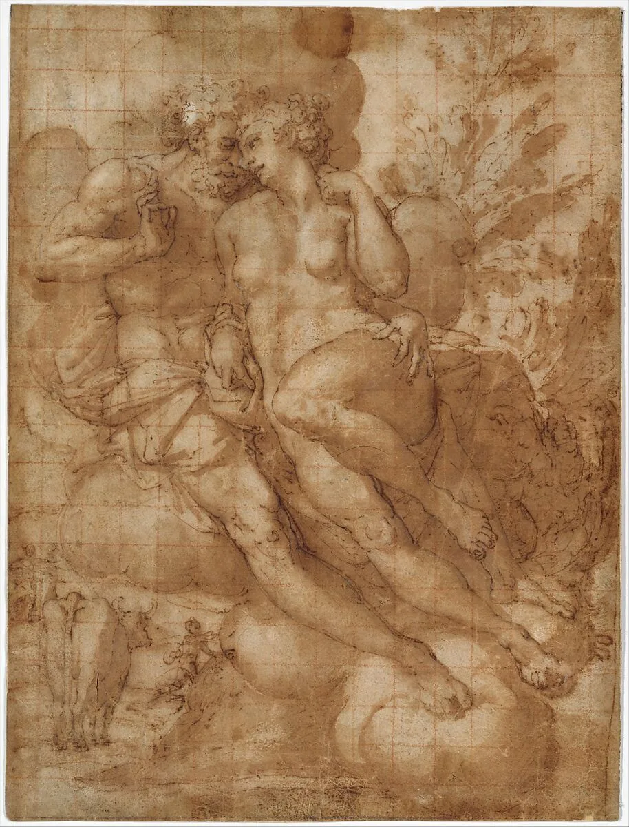 Jupiter and Io (recto); sketch of a male figure stabbing himself in the chest (verso) — Francesco Salviati (Francesco de' Rossi)