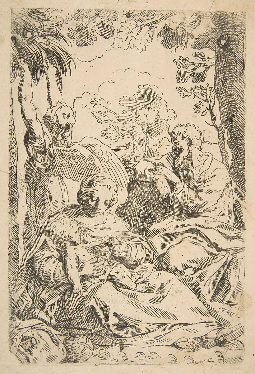 Repose in Egypt, Holy Family seated while an angel pulls at tree branches, copy after Cantarini — Simone Cantarini