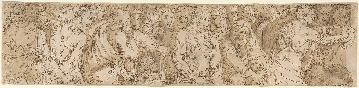 Procession (left-hand portion of border below Sacrifice of Isaac, inlaid-marble pavement, Siena Cathedral) — Domenico Beccafumi