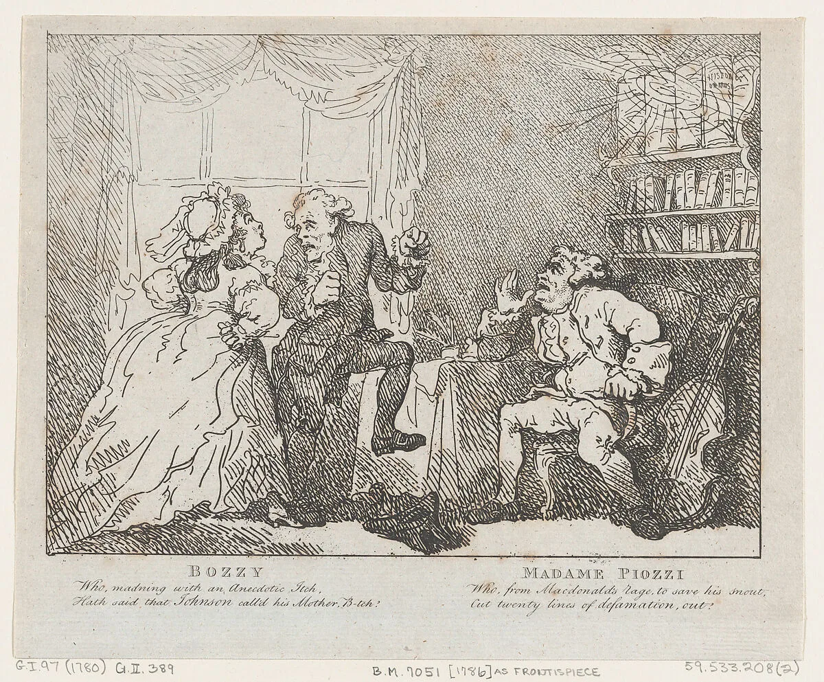 Bozzy and Madame Piozzi (Frontispiece, "Bozzy and Piozzi" by Peter Pindar) — John Wolcot|Thomas Rowlandson|George Kearsley