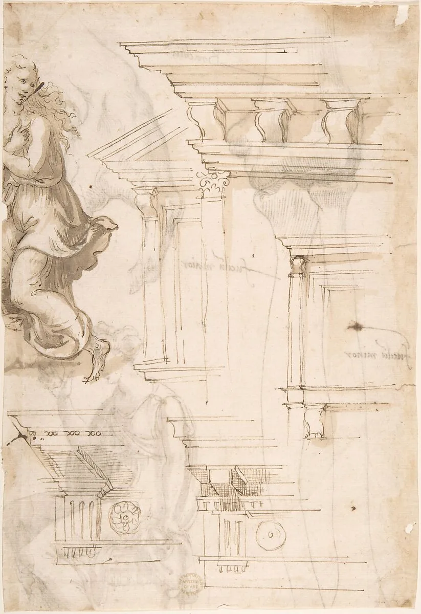 Architectural Sketches and a Figure (recto); Figure and Anatomical Sketches (verso) — Anonymous, Italian, 16th century