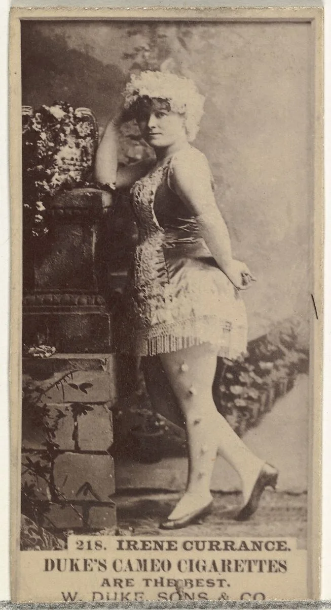 Card Number 218, Irene Currance, from the Actors and Actresses series (N145-5) issued by Duke Sons & Co. to promote Cameo Cigarettes — W. Duke, Sons & Co.