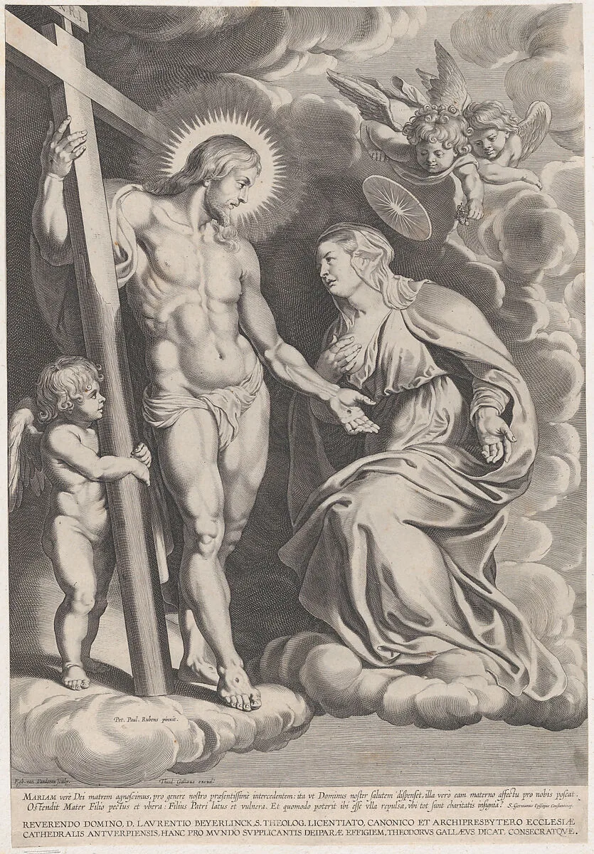 The Intercession of the Virgin, kneeling on a cloud at right before Christ, standing at left holding the cross — Theodoor Galle|Egbert Van Panderen|Peter Paul Rubens