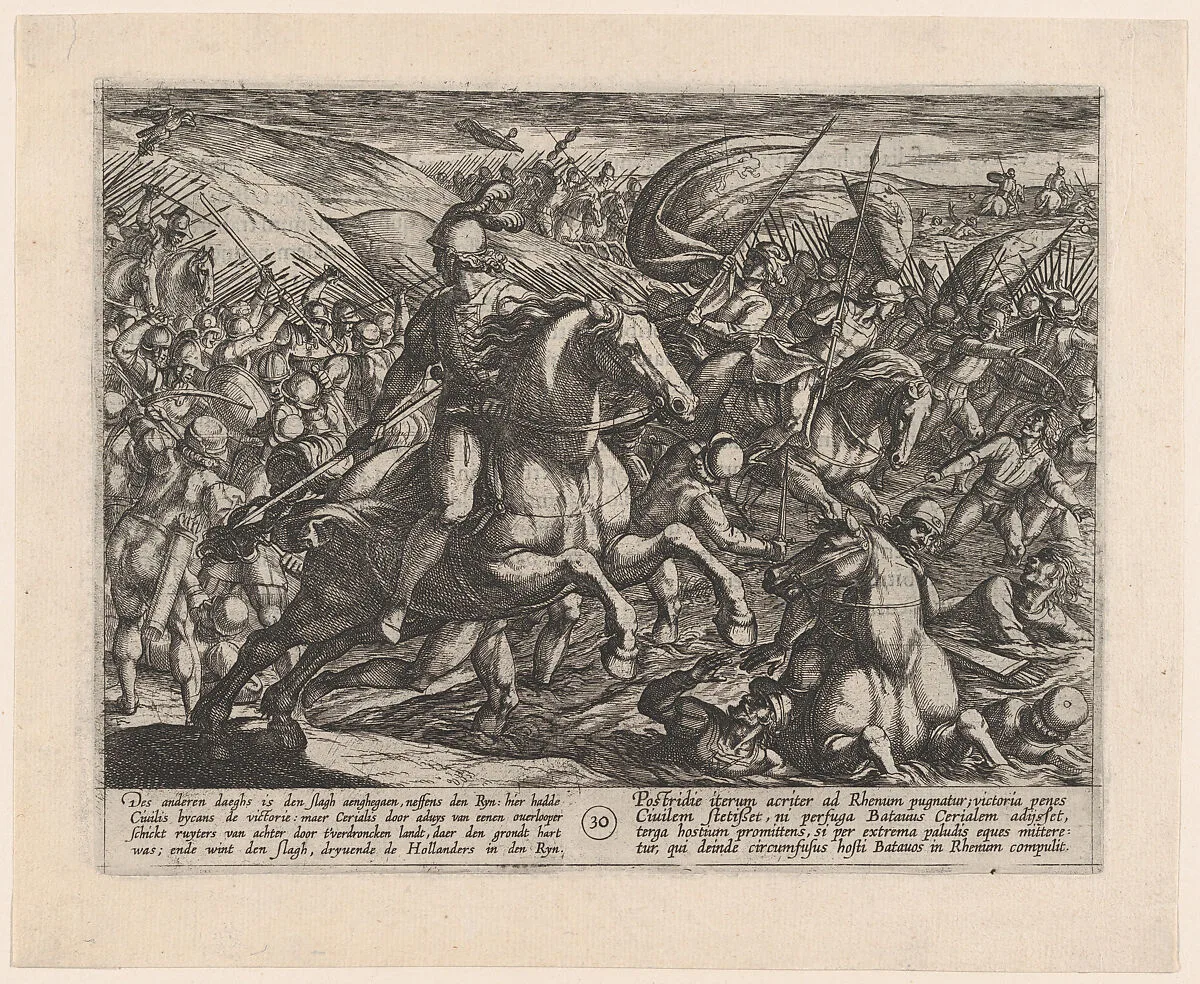 Plate 30: Cerialis Driving the Dutch into the Rhine, from The War of the Romans Against the Batavians — Antonio Tempesta|Otto van Veen