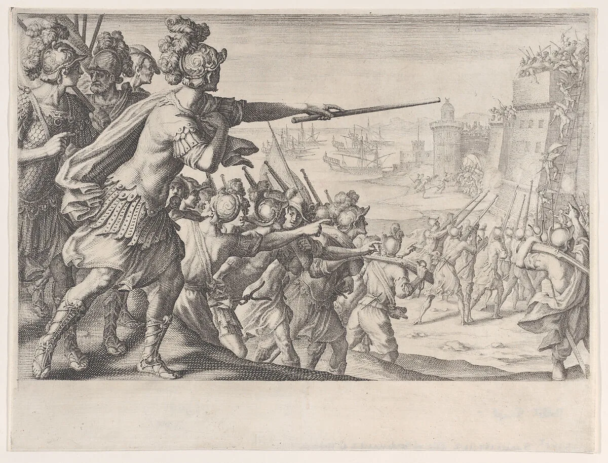 Prise de la Ville de Bone (Capture of the City of Bone), from La Vie de Ferdinand Ier de Médicis série appelée aussi Les Batailles des Médicis (The Life of Ferdinand I de'Medici also called The Medici Battles) — Jacques Callot|Matteo Rosselli